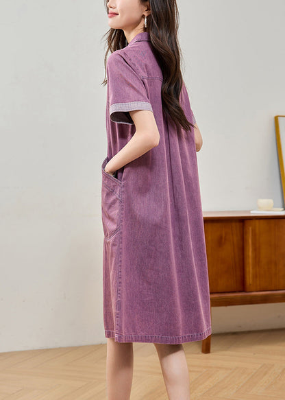 Pan Fitted Peter Day Collar Summer Dress Denim Purple Pockets