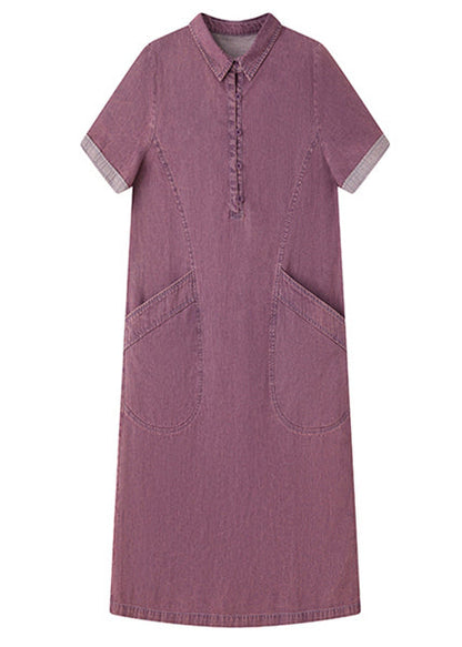 Pan Fitted Peter Day Collar Summer Dress Denim Purple Pockets