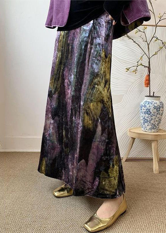 Fitted Purple Tie Dye Side Open Silk Velvet Skirts Spring YK002