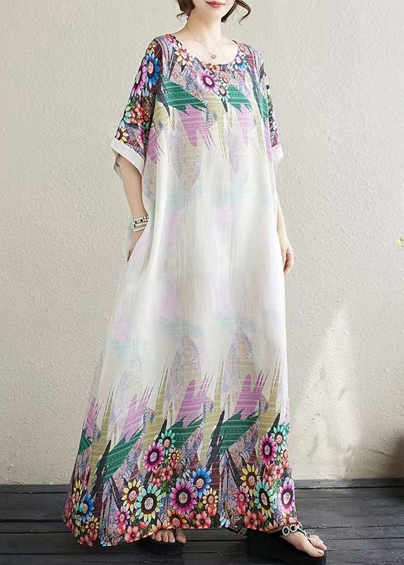 White Print Fitted Sundress Cotton Sleeve Batwing Oversized