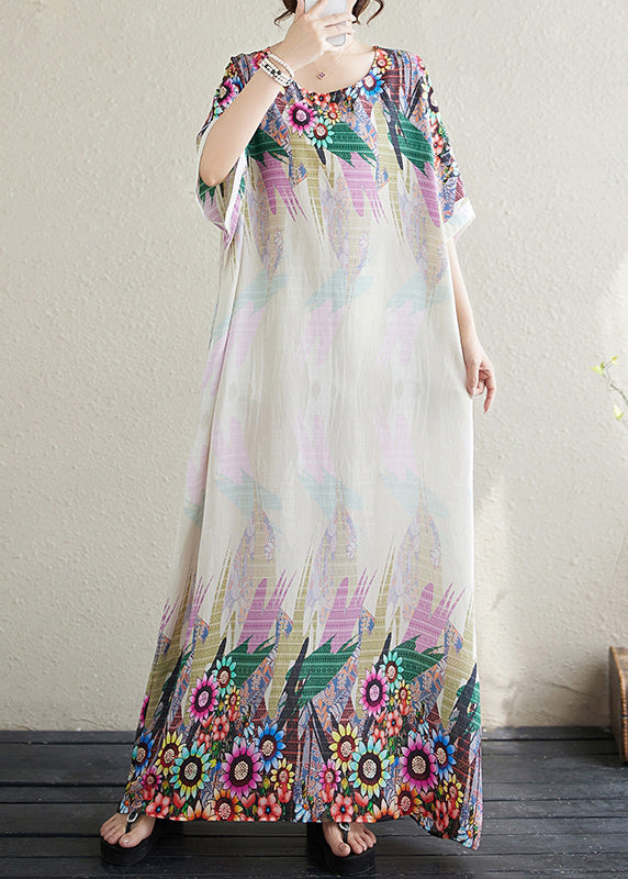 White Print Fitted Sundress Cotton Sleeve Batwing Oversized