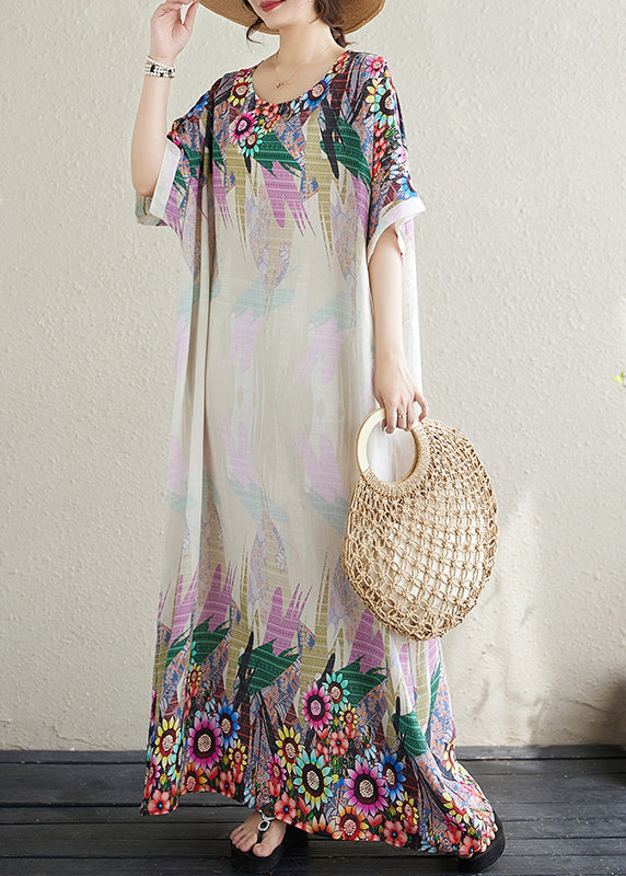 White Print Fitted Sundress Cotton Sleeve Batwing Oversized