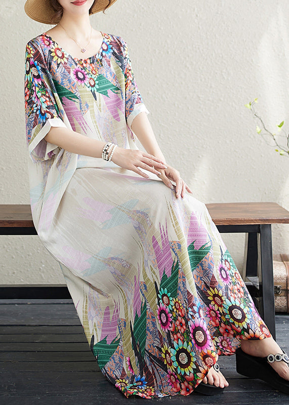 White Print Fitted Sundress Cotton Sleeve Batwing Oversized