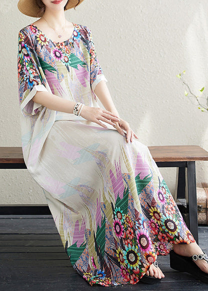 White Print Fitted Sundress Cotton Sleeve Batwing Oversized