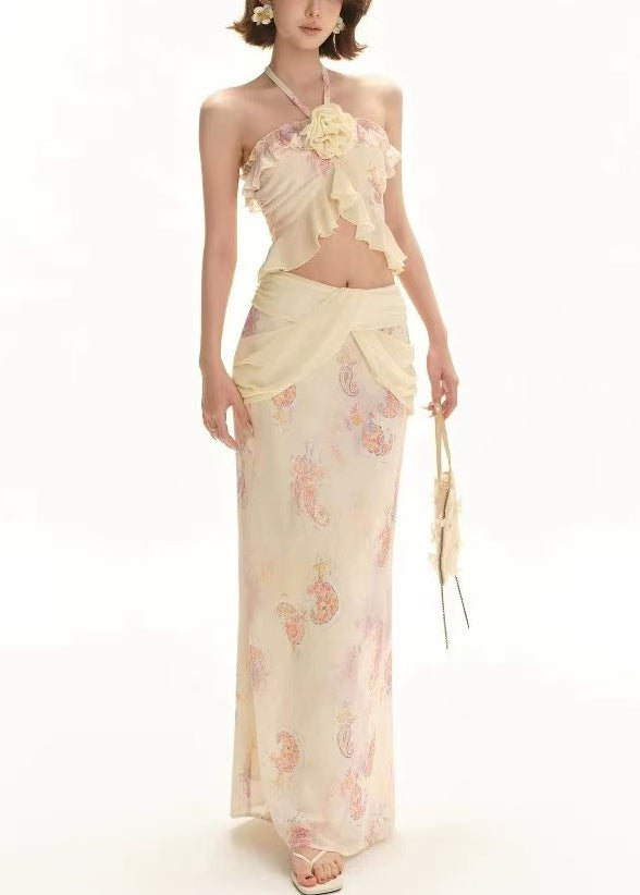 Tank And Floral Pieces Print Two Apricot Chiffon Set Skirts