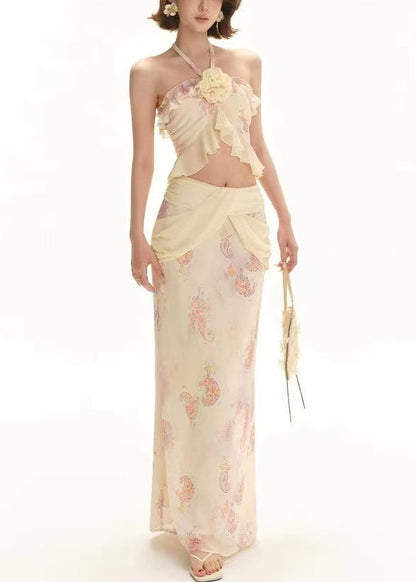 Tank And Floral Pieces Print Two Apricot Chiffon Set Skirts