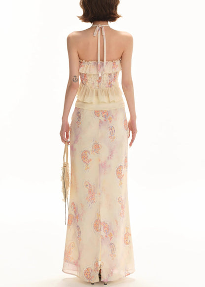 Tank And Floral Pieces Print Two Apricot Chiffon Set Skirts