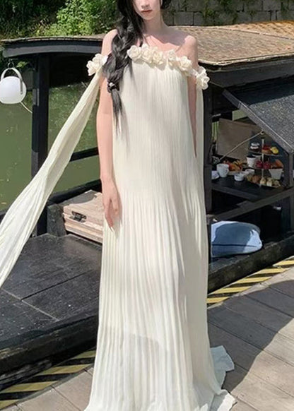 Neck Dresses Summer Maxi Solid Chiffon Floral Beige Slash