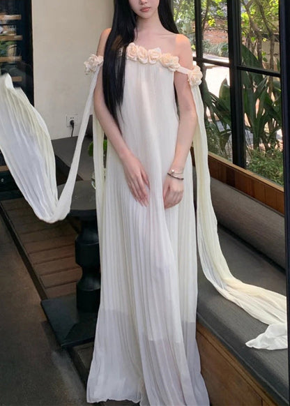 Neck Dresses Summer Maxi Solid Chiffon Floral Beige Slash