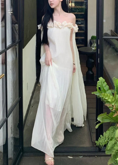 Neck Dresses Summer Maxi Solid Chiffon Floral Beige Slash