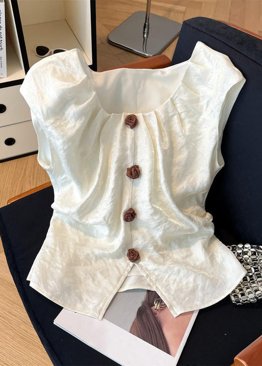 Floral Silk Square Beige Open Front Collar Summer Shirt