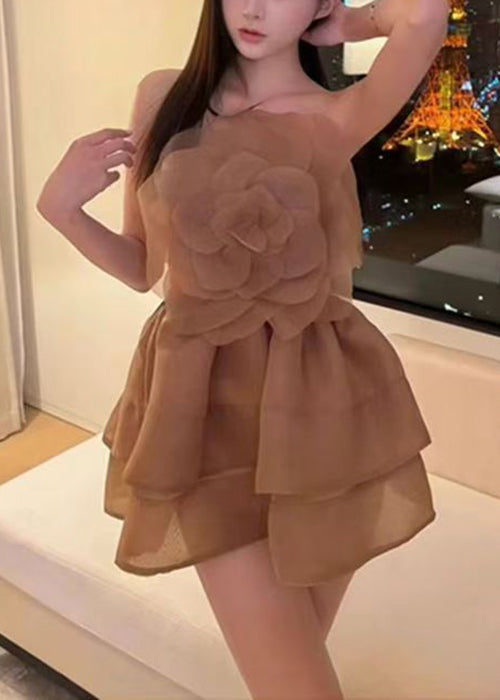 Floral Solid Shoulder Mini Cold Sleeveless Coffee Dresses