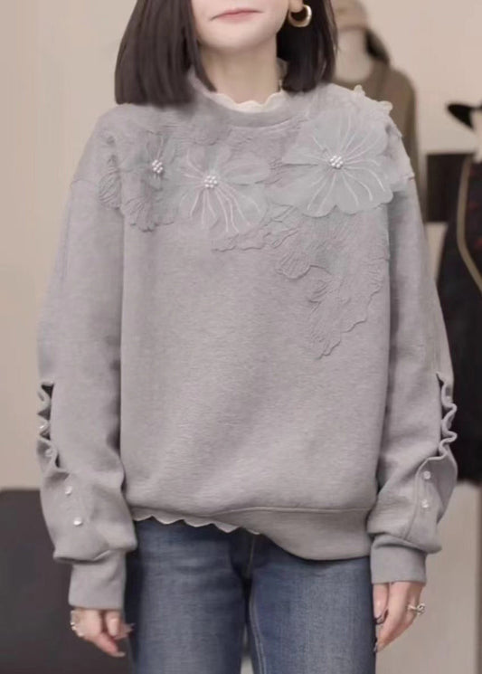 Floral Grey Nail Bead Loose Cotton Sweatshirt Fall RK030
