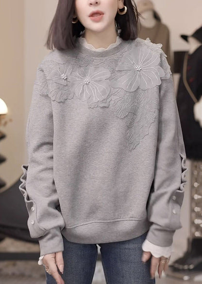 Floral Grey Nail Bead Loose Cotton Sweatshirt Fall RK030
