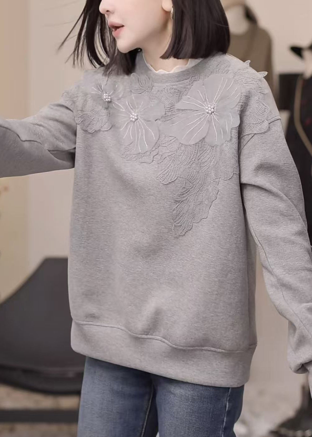 Floral Grey Nail Bead Loose Cotton Sweatshirt Fall RK030
