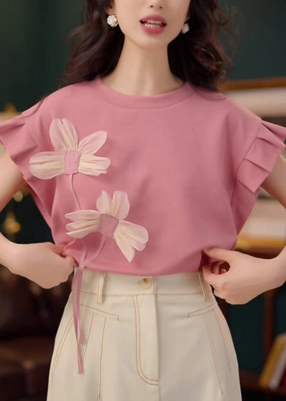 Cotton Neck Floral Summer T O Patchwork Shirt Pink