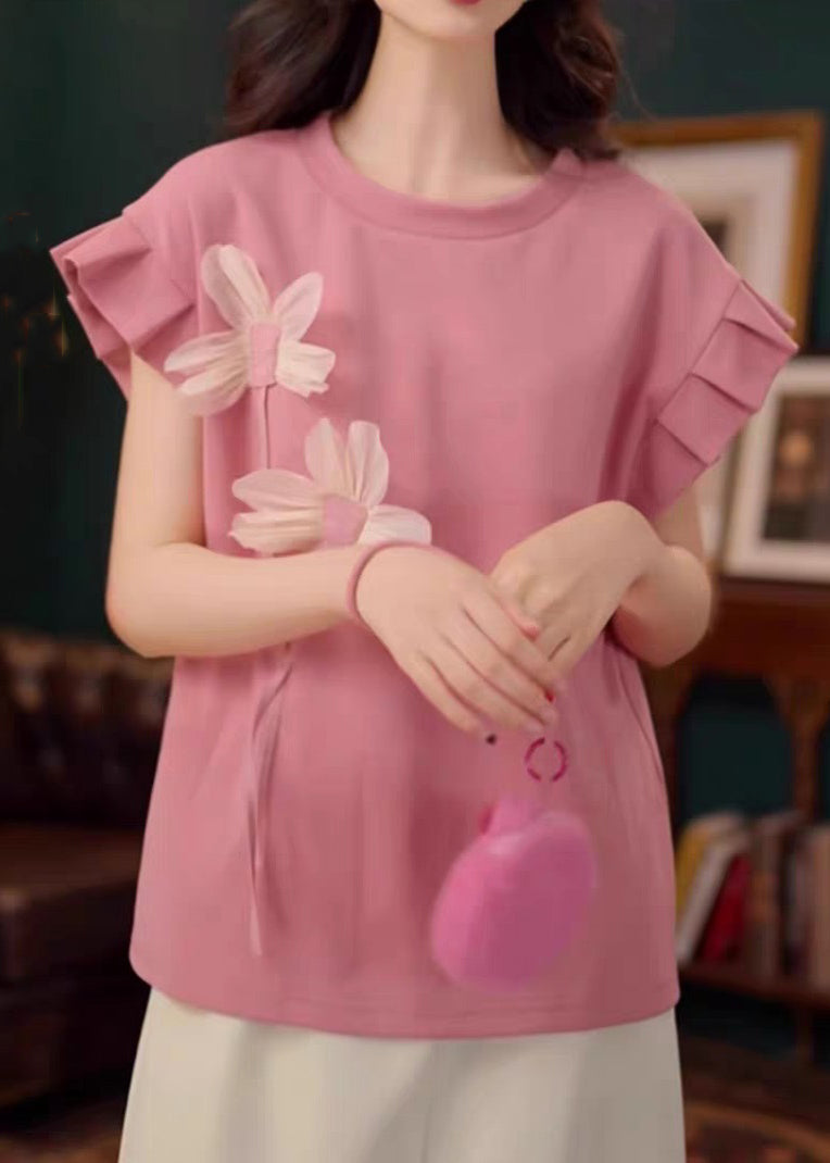 Cotton Neck Floral Summer T O Patchwork Shirt Pink