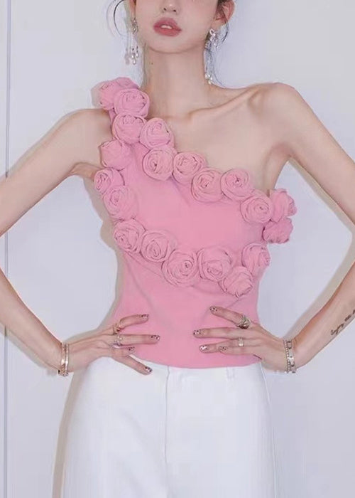 Floral Pink One-Shoulder Solid Cotton Tank Sleeveless KK088