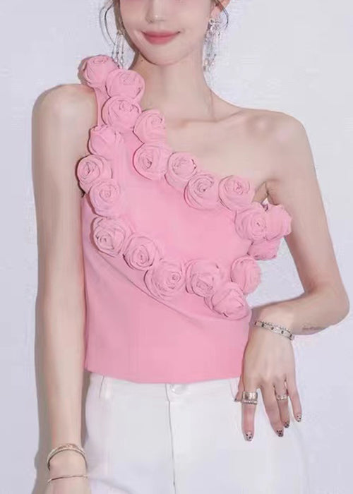 Floral Pink One-Shoulder Solid Cotton Tank Sleeveless KK088