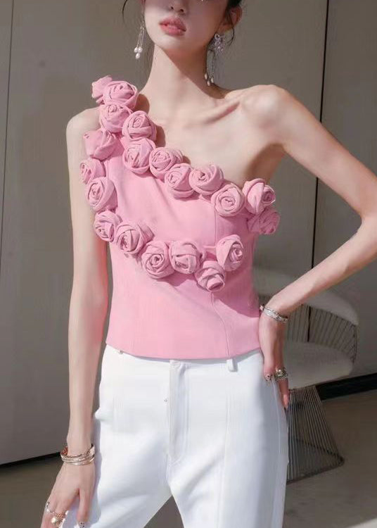 Floral Pink One-Shoulder Solid Cotton Tank Sleeveless KK088