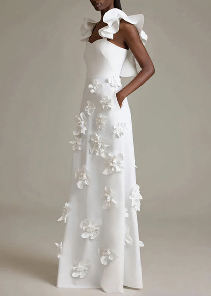 White Pockets Cotton Ruffled Dress Party Sleeveless Floral