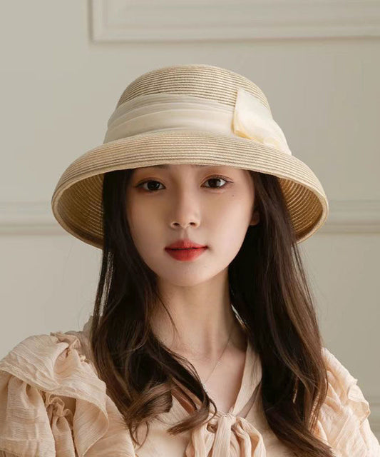 Hat Woven Bucket Apricot Straw Bow French