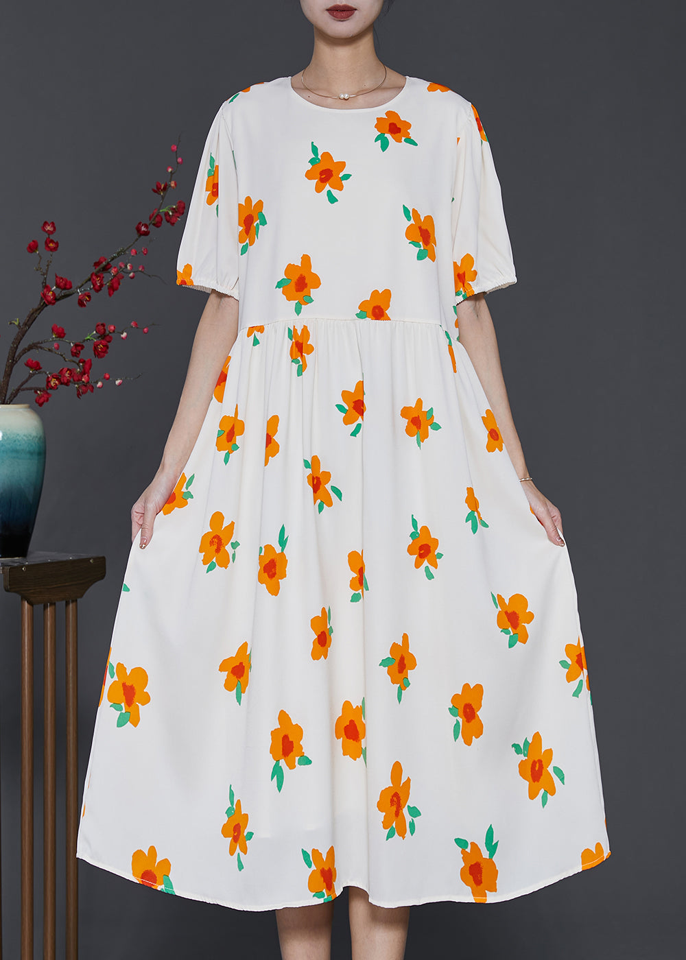 French Apricot Floral Print Cotton Holiday Dress Summer SD1010