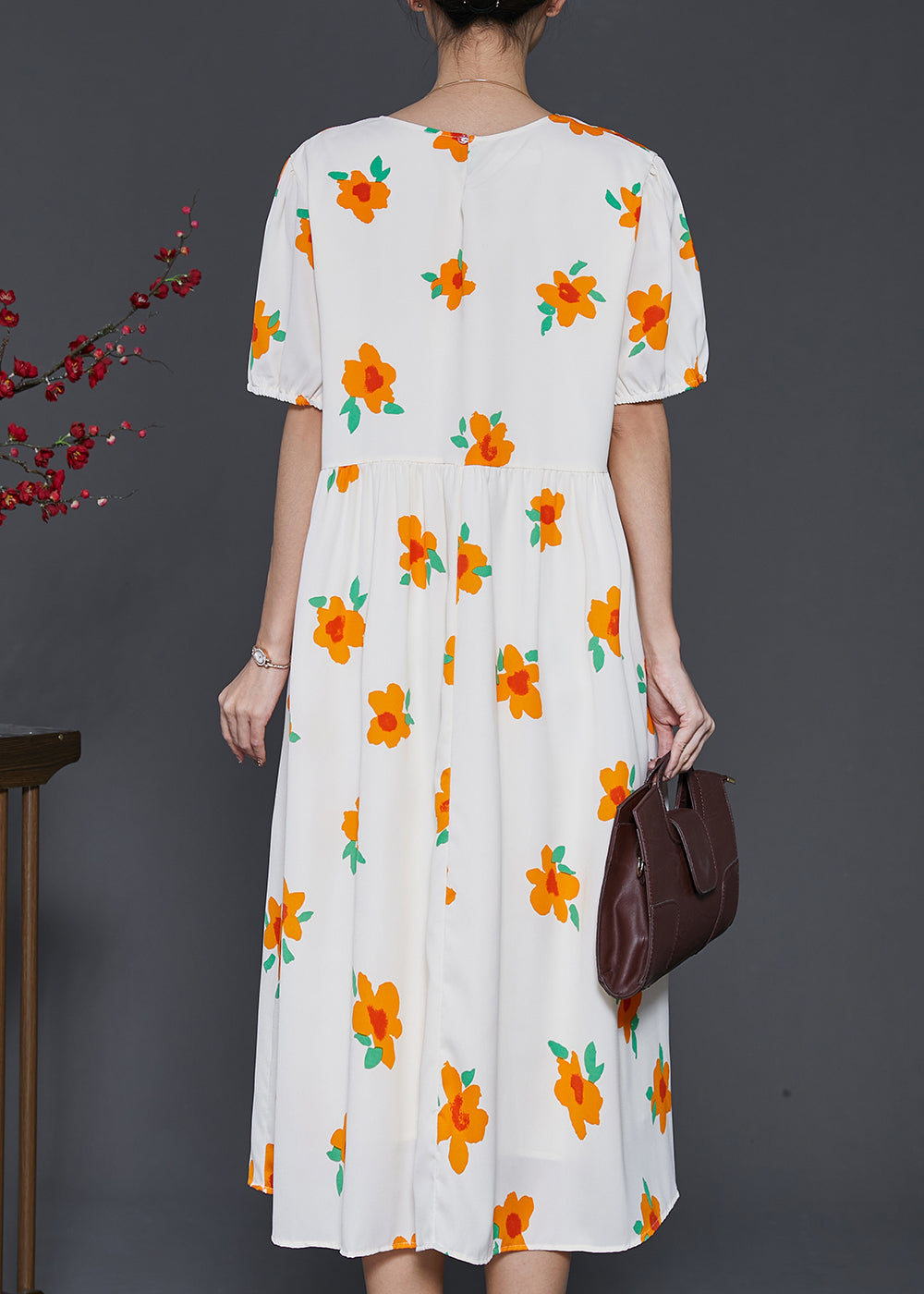 French Apricot Floral Print Cotton Holiday Dress Summer SD1010
