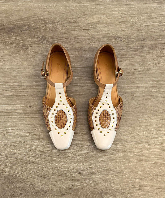 Head Out Square Sandals Hollow Woven Apricot French Rivet