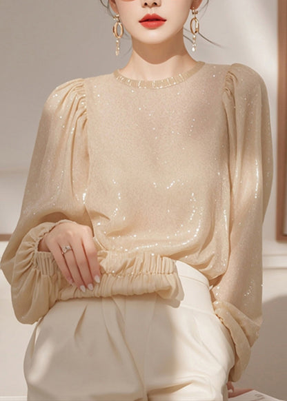 Sequins French Shirt O Neck Spring Tops Apricot