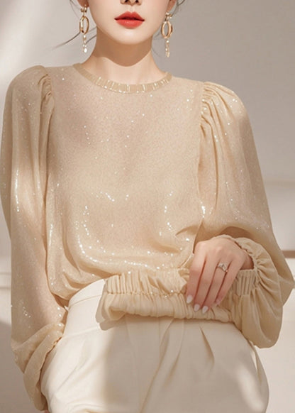 Sequins French Shirt O Neck Spring Tops Apricot