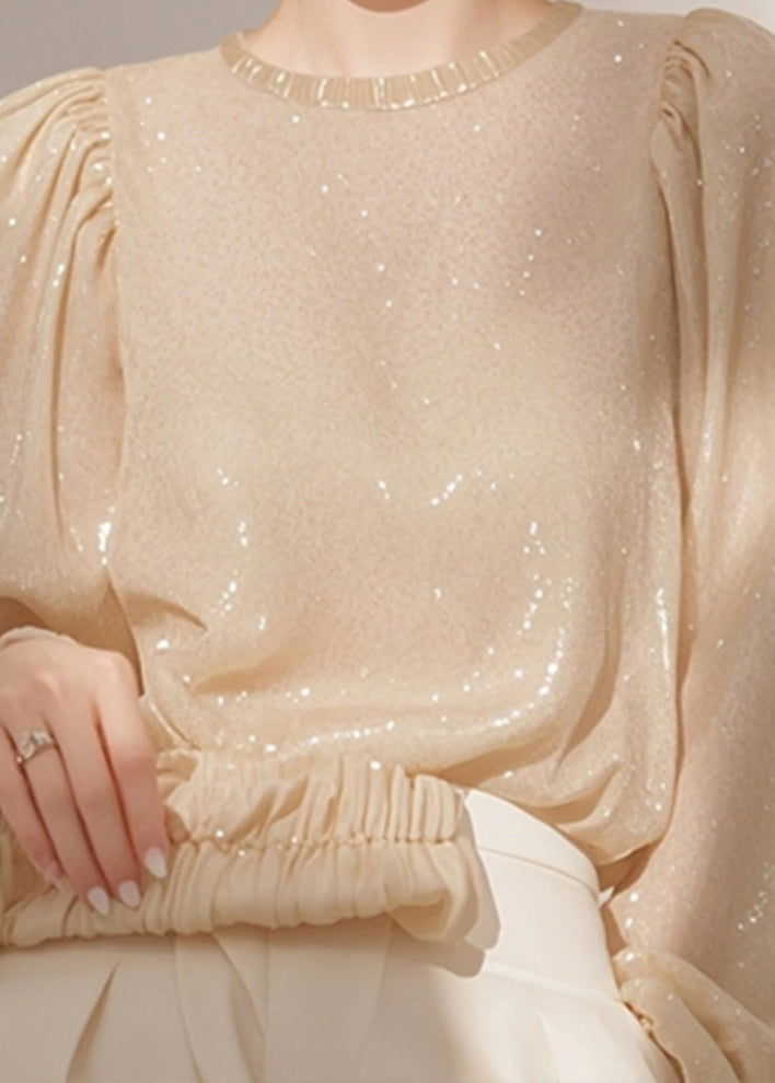 Sequins French Shirt O Neck Spring Tops Apricot