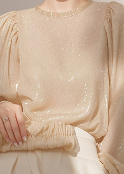 Sequins French Shirt O Neck Spring Tops Apricot