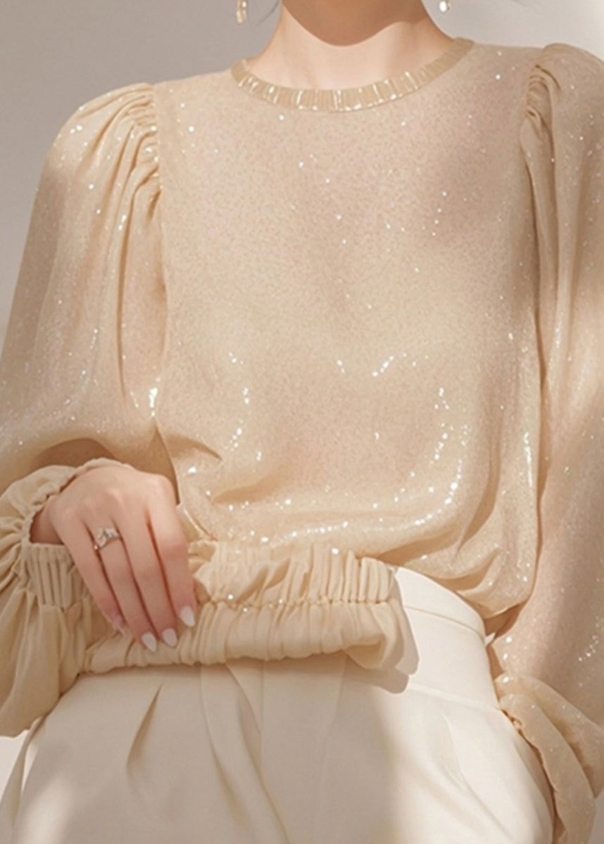 Sequins French Shirt O Neck Spring Tops Apricot