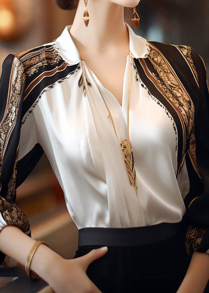 French Apricot Peter Pan Collar Print Patchwork Chiffon Shirts Spring TE040