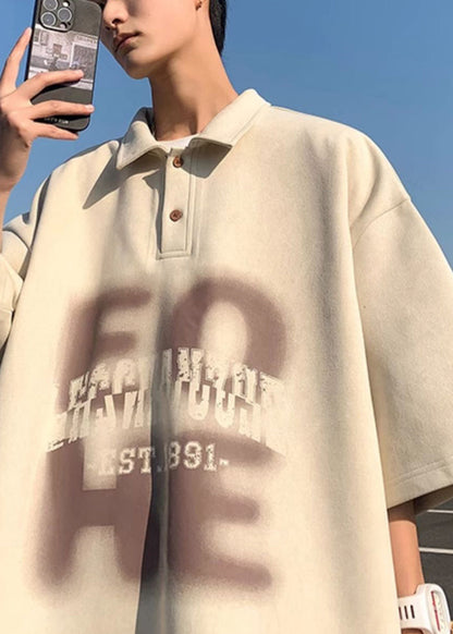 Polo Men Half Apricot Print French Cotton Sleeve Shirts Oversized