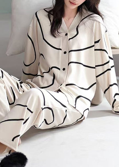 Piece Striped Two Apricot Button Set Pajamas Fall French Cotton