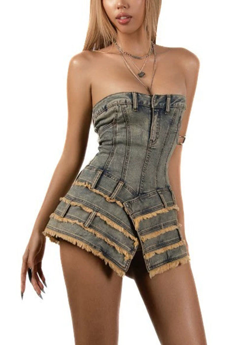 Dresses French Denim Sleeveless Asymmetrical Mini Strapless