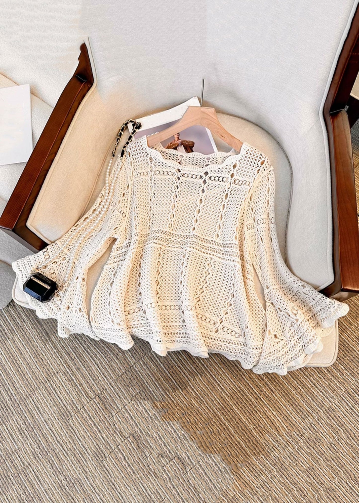 Flare Beige Top Hollow Sleeve Cozy Out French Knit