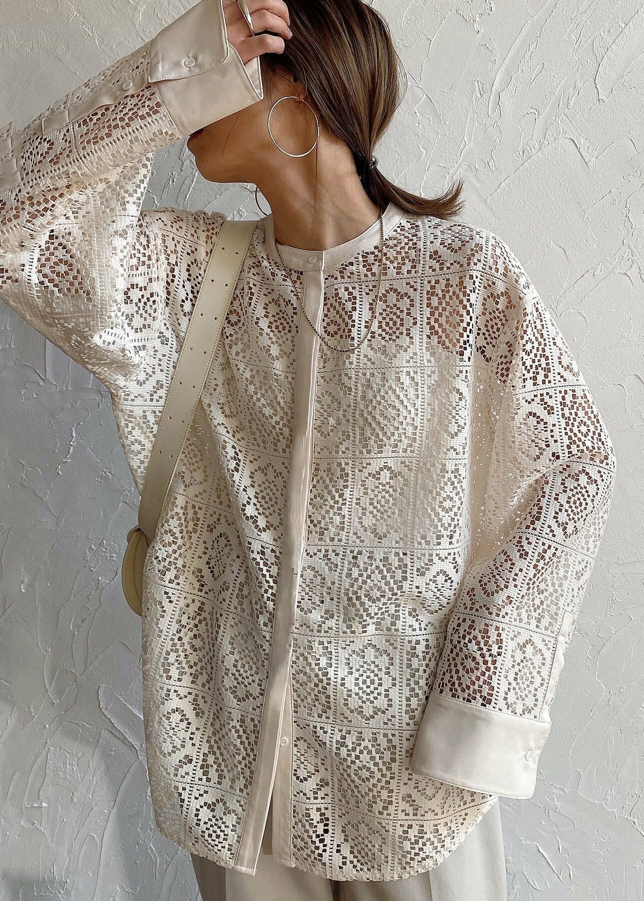 French Lace Out Sheer Blouses Hollow Summer Beige