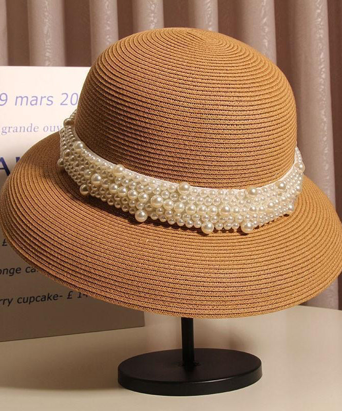 Nail Straw French Beige Woven Hat Cloche Bead Summer