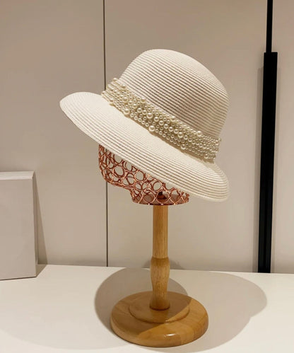 Nail Straw French Beige Woven Hat Cloche Bead Summer