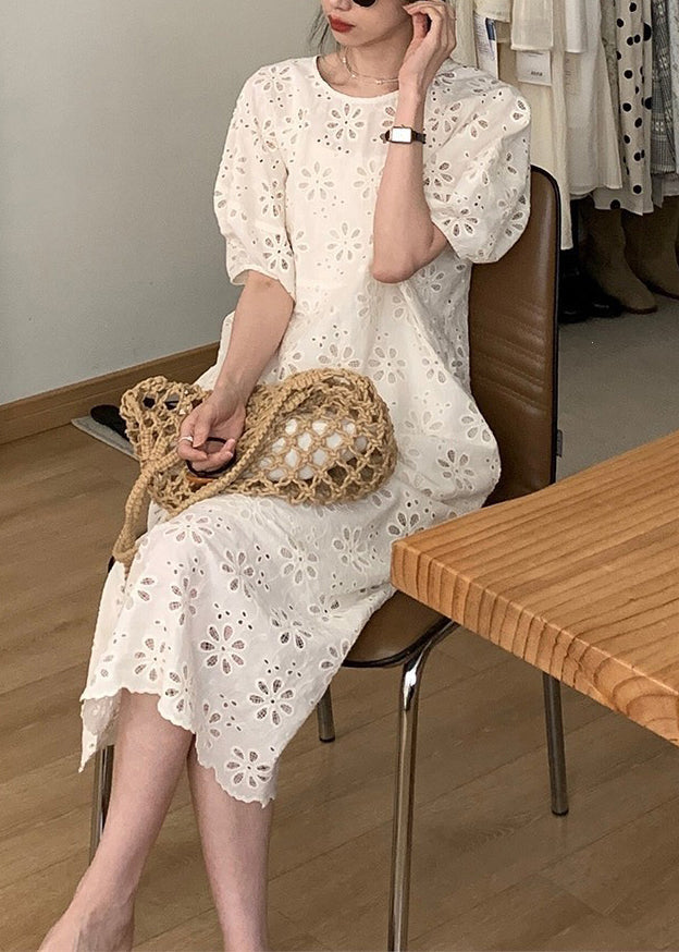 French Beige Hollow Puff Dress Sleeve Cotton Out O-Neck