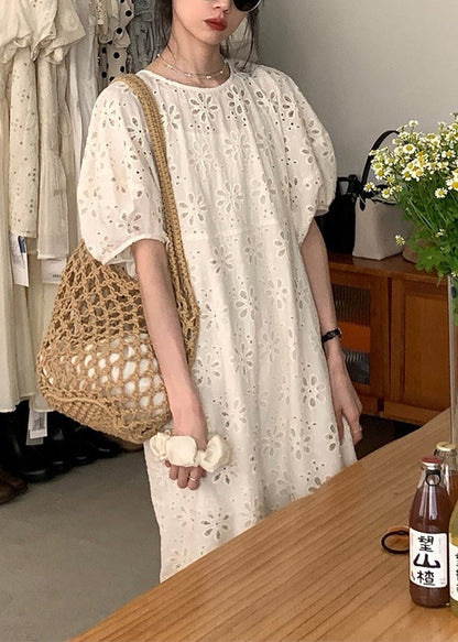 French Beige Hollow Puff Dress Sleeve Cotton Out O-Neck