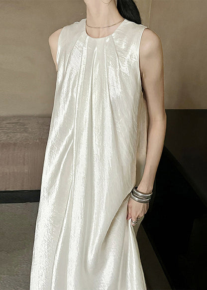 O Beige Sleeveless Dresses Long Solid Silk Neck French