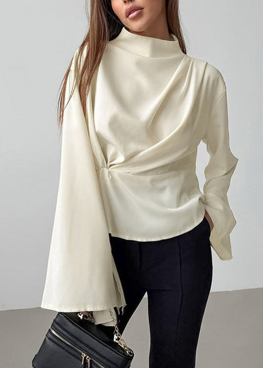 Chiffon Neck Irregular Sleeves Semi French High Long Shirt Beige