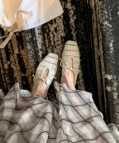 Out Hollow French Bow Beige Sheepskin Sandals Splicing