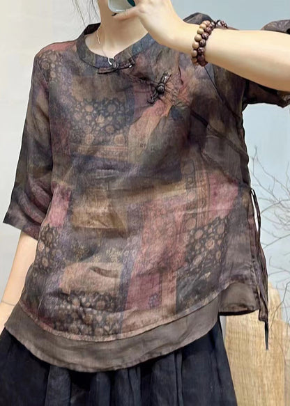 French Beige Stand Collar Button Print Linen Shirt Half Sleeve GG014