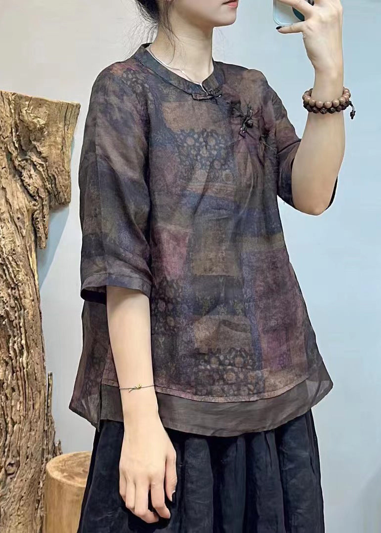 French Beige Stand Collar Button Print Linen Shirt Half Sleeve GG014