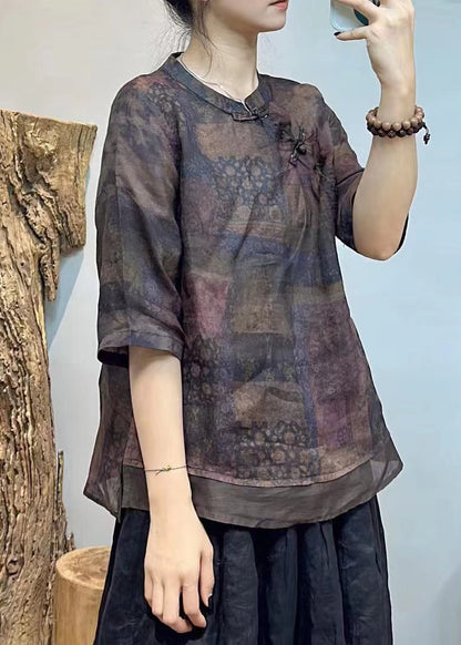 French Beige Stand Collar Button Print Linen Shirt Half Sleeve GG014